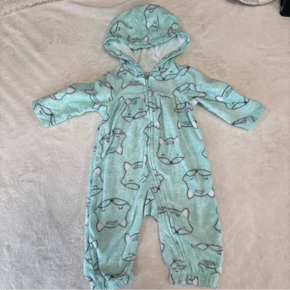 Carters 3 month fleece zip up with hood winter fall teal with foxes